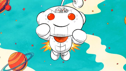 HD desktop wallpaper of Reddit's mascot in space with colorful planets and stars on a turquoise background.