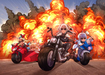 Anime-style HD wallpaper featuring Hololive Virtual YouTubers Yukihana Lamy, Shishiro Botan, Omaru Polka, and Momosuzu Nene riding motorcycles with fiery explosions behind them.