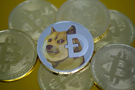HD wallpaper featuring Dogecoin emblem atop a pile of Bitcoin-like coins, representing the cryptocurrency theme.