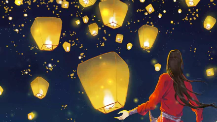 HD anime desktop wallpaper featuring San Lang releasing glowing sky lanterns, inspired by Hua Cheng from Crimson Rain Sought Flower and Heaven Official's Blessing (Tian Guan Ci Fu).