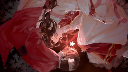 HD anime desktop wallpaper featuring Xie Lian, San Lang, and Hua Cheng from Heaven Official's Blessing (Tian Guan Ci Fu) and Crimson Rain Sought Flower, depicting His Royal Highness the Crown Prince of Xianle.