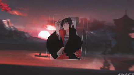 HD desktop wallpaper featuring Itachi Uchiha from the anime Naruto, set against a backdrop of a glowing red sunset and dark mountains in a picture-in-picture style.