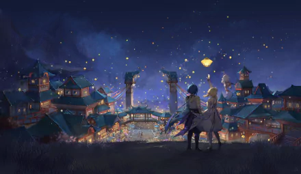 HD desktop wallpaper featuring Xiao, Lumine, and Paimon from Genshin Impact observing the Lantern Rite festival in the vibrant city of Liyue.