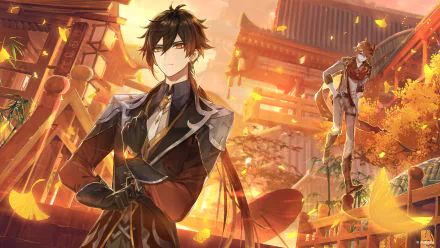 HD PC wallpaper featuring Zhongli and Tartaglia Childe from the video game Genshin Impact set against a warm, detailed, orange-hued cityscape background.