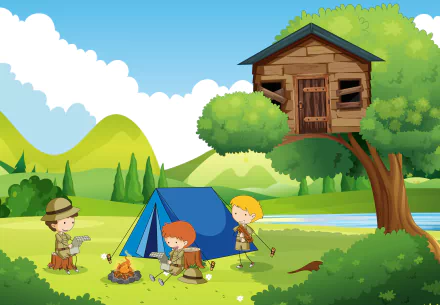 HD desktop wallpaper of a colorful camping scene with children, a tent, and a treehouse in a serene landscape.