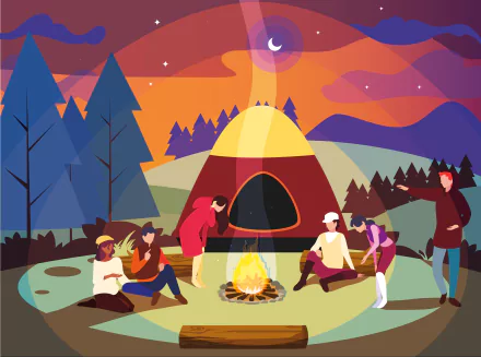 HD desktop wallpaper of people enjoying a campfire at night with a tent and trees under a starry sky.