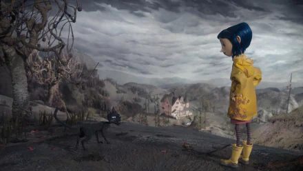 HD PC desktop wallpaper featuring Coraline Jones from the movie Coraline, standing in a gloomy, eerie landscape with a black cat under a cloudy sky.