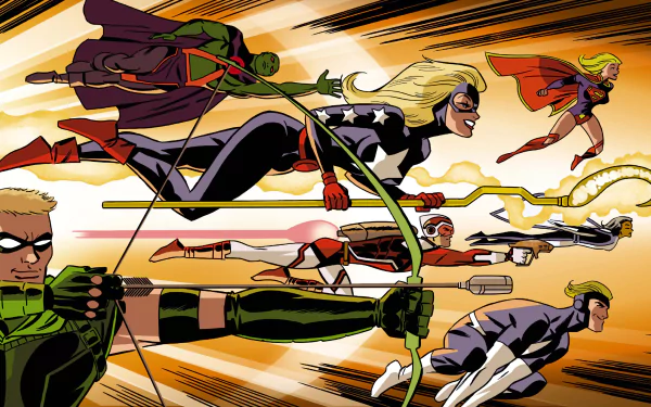 A dynamic HD wallpaper showcases J'onn J'onzz, Oliver Queen, Adam Strange, Supergirl, and Stargirl from DC Comics, uniting as the Justice League in a vibrant comic style.