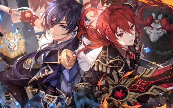 HD wallpaper featuring Diluc and Kaeya from Genshin Impact, showcasing these iconic video game characters in an action-packed scene with vivid colors and intricate details.