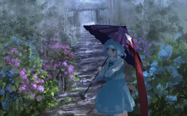 Kogasa Tatara (Touhou) anime wallpaper: blue-haired girl holding an umbrella on a mossy stone path through hydrangeas toward a misty torii gate — 2K Quad HD PC desktop wallpaper