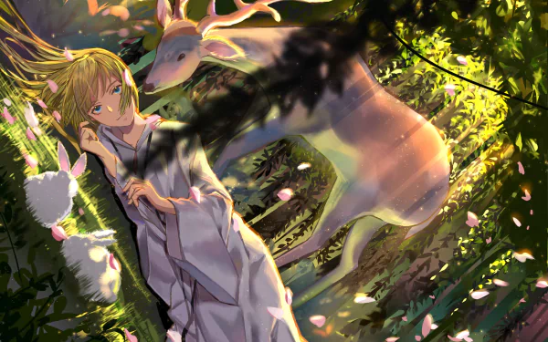 HD anime wallpaper featuring Enkidu and Lancer from Fate/Grand Order, with blonde hair, surrounded by a rabbit and a deer in a sunlit forest setting.