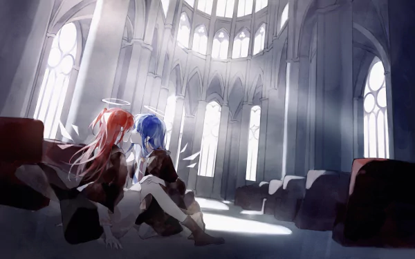 2K Quad HD PC desktop wallpaper: Mostima (Arknights) and Exusiai (Arknights) sit together in a sunlit Gothic cathedral, light beams through tall arched windows — Arknights video game background.