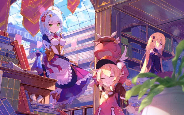 HD desktop wallpaper featuring Fischl, Noelle, and Klee from the video game Genshin Impact in a vibrant, sunlit library setting.