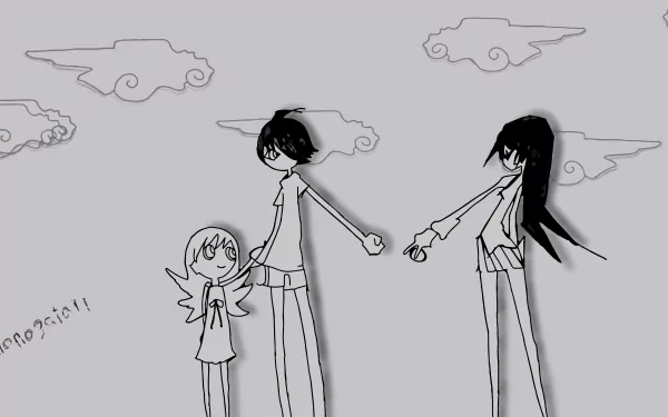 Minimalist 8K Ultra HD anime wallpaper featuring Hitagi Senjōgahara, Koyomi Araragi, and Shinobu Oshino from Bakemonogatari in a monochrome Monogatari series style.