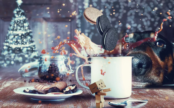 HD Christmas-themed still life wallpaper featuring a dog watching Oreo cookies dunked in a drink, with a small Danbo figure and festive background lights.