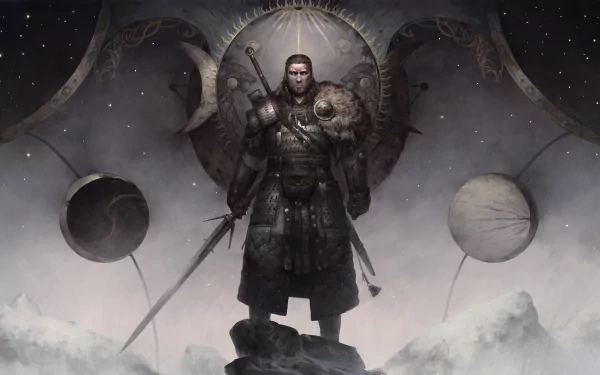 4K Ultra HD desktop wallpaper featuring a warrior from the video game Gwent: The Witcher Card Game, standing resolute against a dark, mystical backdrop.