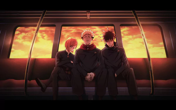 HD desktop wallpaper featuring Nobara Kugisaki, Yuji Itadori, and Megumi Fushiguro from the anime Jujutsu Kaisen, sitting together on a train with a sunset in the background.