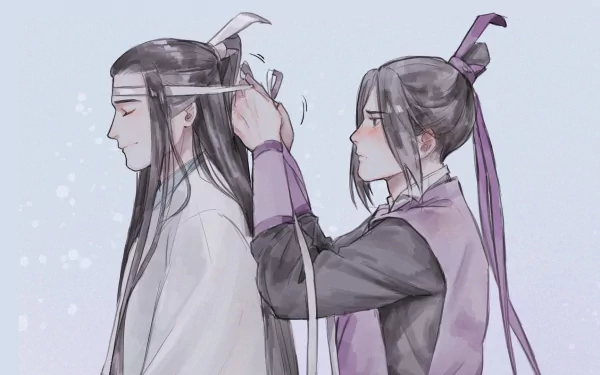 HD PC desktop wallpaper of Jiang Cheng gently tying Lan Xichen's hair ribbon in a soft pastel Mo Dao Zu Shi anime scene.
