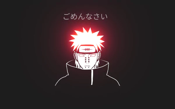 HD anime wallpaper featuring Pain from Naruto, with glowing red hair and kanji text above, set against a dark background for a striking PC desktop image.