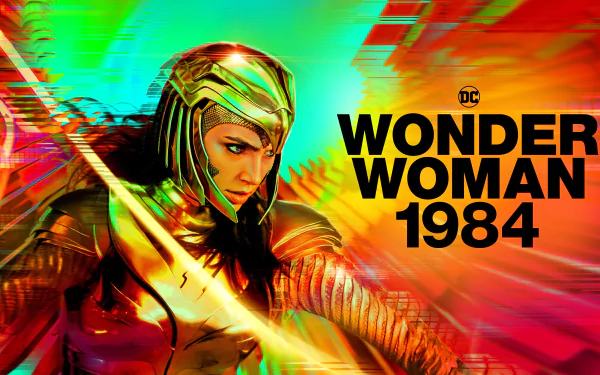 HD PC desktop wallpaper featuring Wonder Woman from the movie Wonder Woman 1984 in golden armor, poised against a vivid red-green motion-blur background