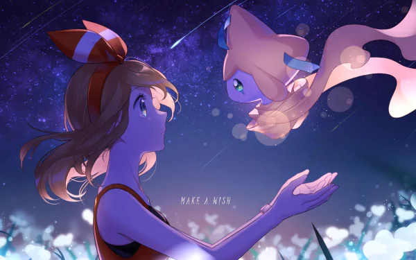 HD PC desktop wallpaper featuring May from Pokémon and the mythical Pokémon Mew, set against a starry night sky in an anime style.