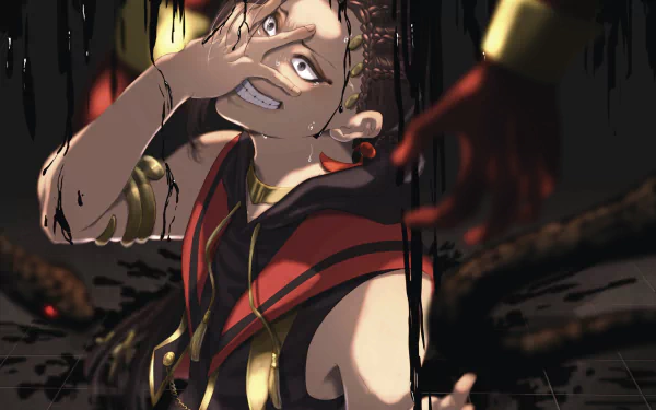 Jamil Viper (Twisted Wonderland) snarling with hand over one eye, shadowy hands and black drips encroaching — 4K Ultra HD PC desktop wallpaper, video game art.