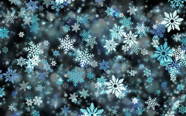 Artistic HD PC desktop wallpaper featuring an array of blue and white snowflakes against a softly blurred dark background.