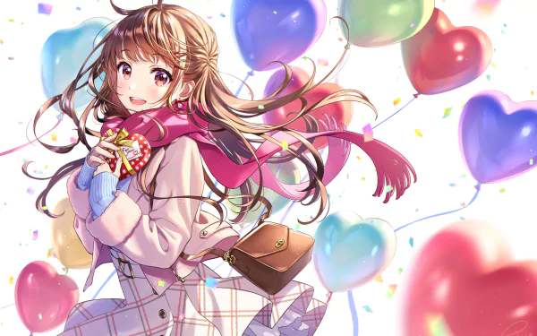 Uzuki Shimamura from The iDOLM@STER Cinderella Girls — smiling anime girl with long brown hair and brown eyes, wearing a pink scarf and coat, surrounded by colorful heart balloons; 2K Quad HD wallpaper.