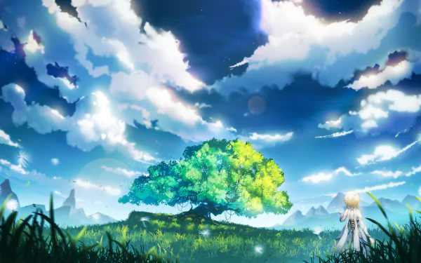 HD desktop wallpaper of Lumine from Genshin Impact, standing before a vibrant tree under a bright, cloud-filled sky in a scenic meadow.