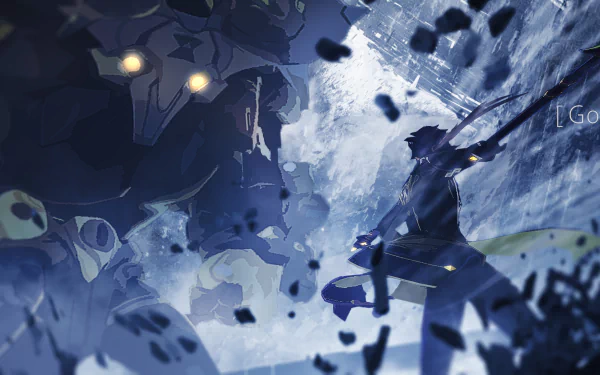 HD desktop wallpaper featuring Zhongli from the video game Genshin Impact, depicting an intense battle scene with a robotic enemy. The background showcases dramatic lighting and shattered debris.