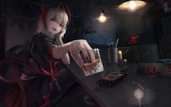 A character with white hair and red eyes, inspired by W from Arknights, sits at a dimly lit table holding a drink, surrounded by gaming gadgets in a stylish, dark environment.