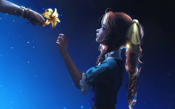 HD PC desktop wallpaper featuring Aerith Gainsborough from the video game Final Fantasy VII, reaching out toward a glowing flower against a starry night sky.