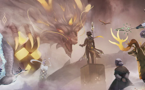 HD wallpaper featuring Ganyu, Zhongli, and Xiao from Genshin Impact in an epic battle scene with a dragon.