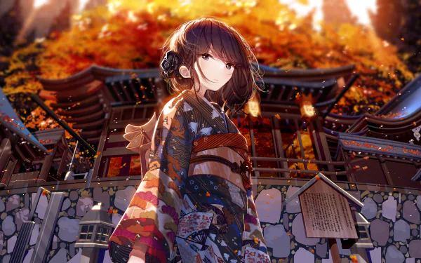 HD desktop wallpaper depicting an anime girl with brown short hair wearing a kimono. She stands in front of a shrine, surrounded by autumn colors and lanterns, creating a peaceful, traditional Japanese atmosphere.