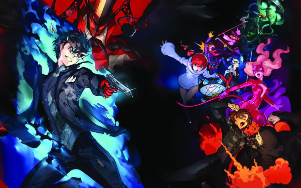 HD wallpaper featuring dynamic artwork from Persona 5 Strikers with vivid colors and characters in action.