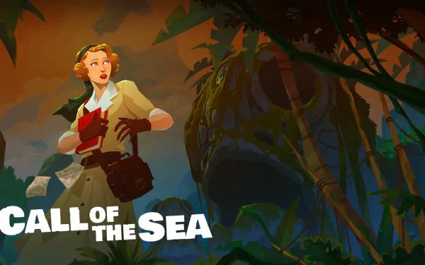 HD desktop wallpaper featuring the adventurous theme of Call of the Sea with a female character exploring a lush, mysterious jungle.