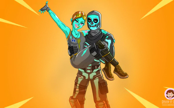 HD desktop wallpaper of Fortnite's Skull Trooper and Ghoul Trooper characters posing confidently on an orange background.