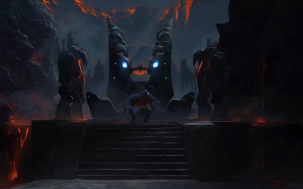 HD wallpaper from Path of Exile game with eerie guardians flanking a fiery path leading to an ominous figure.