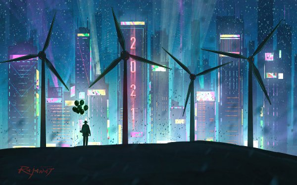 Sci Fi City Futuristic Skyscraper Night Wind Turbine HD Wallpaper | Background Image