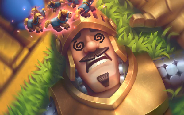 4K Ultra HD PC desktop wallpaper from the video game Clash Royale: the stunned King with spiral eyes and a tumbling crown as tiny Barbarians fly above in a vivid, dynamic cartoon battle scene.