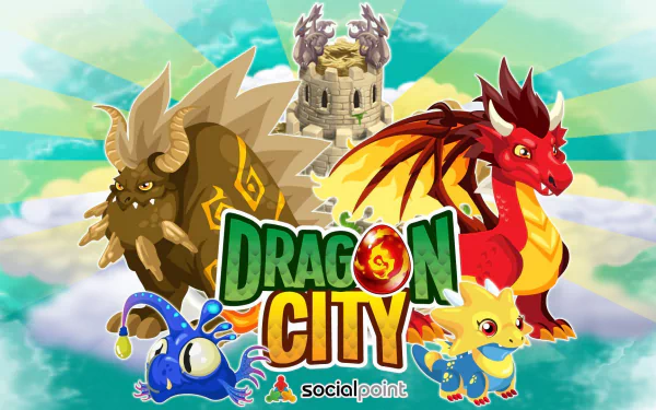 HD desktop wallpaper featuring Dragon City game with colorful dragons and a castle, for fans of the Social Point game.