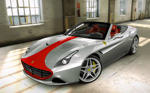 HD desktop wallpaper from CSR Racing 2 featuring a sleek silver sports car with a red stripe, parked in an industrial garage.