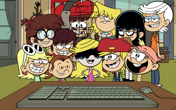 HD desktop wallpaper of The Loud House characters grouped together in front of a computer.