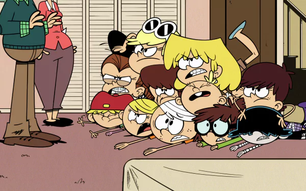 HD wallpaper of The Loud House featuring Luna Loud and siblings peeking around a corner in a comical pile-up.