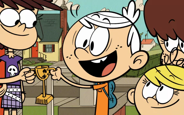 HD desktop wallpaper featuring Luna Loud from The Loud House cartoon with her siblings, in front of their house.