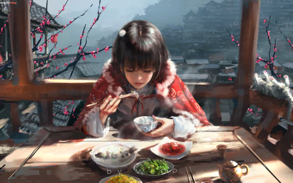 HD PC desktop wallpaper featuring Jade from GhostBlade enjoying a winter meal in a serene, snowy landscape inspired by comic art style.