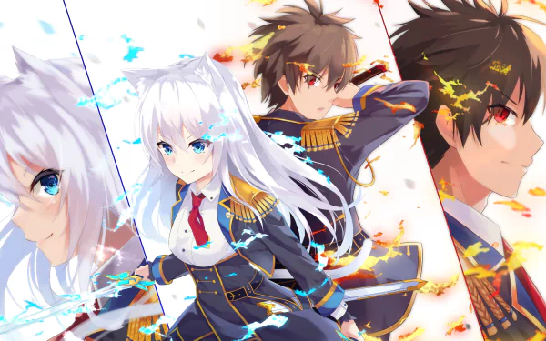 HD anime desktop wallpaper featuring a dynamic anime couple in detailed military-style uniforms with vibrant, energetic background effects.