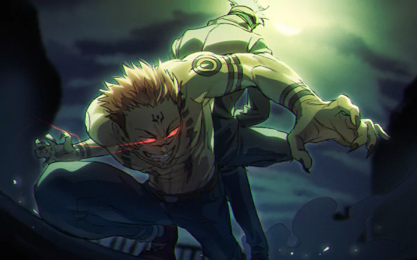 HD desktop wallpaper featuring Sukuna and Satoru Gojo from Jujutsu Kaisen, in an intense combat scene. The dark and dynamic background enhances the dramatic encounter between the characters.