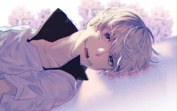 HD wallpaper of Toge Inumaki from Jujutsu Kaisen, depicted lying back amidst blossoming flowers with a soft, ethereal glow.