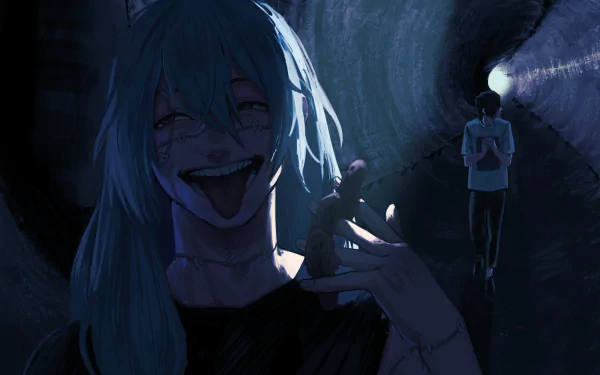 Anime HD desktop wallpaper featuring Mahito grinning maliciously in the foreground and Junpei Yoshino walking in a dark tunnel, both characters from Jujutsu Kaisen. The scene is ominous and dramatically lit.